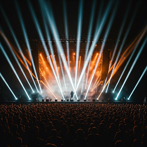 Festival mainstage with lighting rigs over a silhouetted crowd